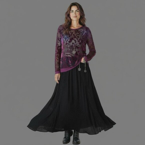 Y2K Burnout Velvet Burgundy Semi Blouse Longsleeve Sz L - Picture 2 of 13